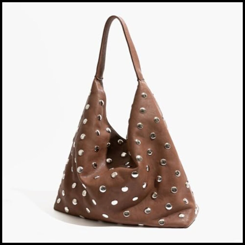 Studded Vegan Leather Hobo Bag Slouchy Shoulder Tote Y2K Punk Chic - Picture 3 of 7